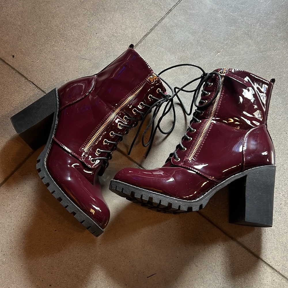 Fashion Nova Red Lace Up Boots with Chunky Platform